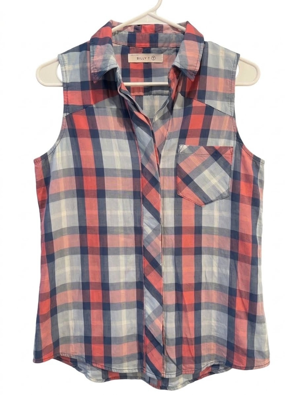 BILLY T / Sleeveless Poppy Shirt / Strawberry Plaid / $99 / no label / ptp-19”